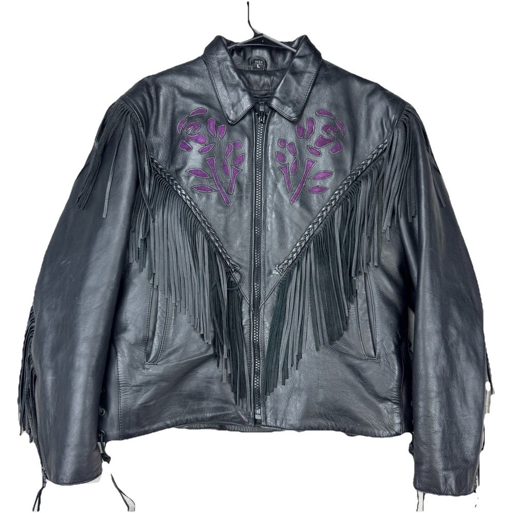 UNIK Black Purple Flowers‎ Leather Motorcycle Jacket Women's LARGE Fringe Biker